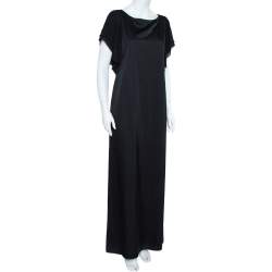 Pre Owned Emporio Armani Black Sateen Flutter Sleeve Maxi Dress M