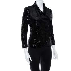 Pre Owned Emporio Armani Black Sequin Embellished Velvet Double Breasted Jacket M