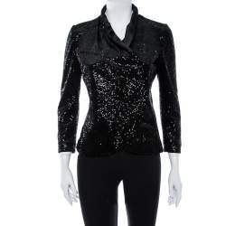 Pre Owned Emporio Armani Black Sequin Embellished Velvet Double Breasted Jacket M