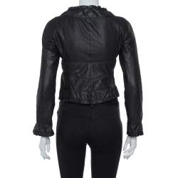 Pre Owned Emporio Armani Black Leather Ruffled Crop Jacket M