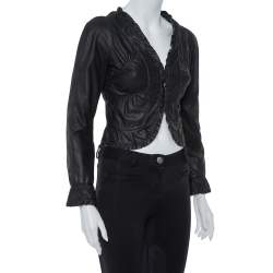 Pre Owned Emporio Armani Black Leather Ruffled Crop Jacket M