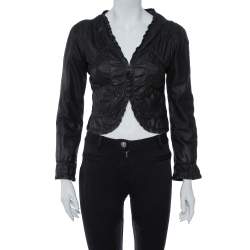 Pre Owned Emporio Armani Black Leather Ruffled Crop Jacket M