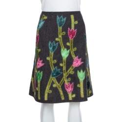 Emporio Armani Grey Wool Floral Appliqued A-Line Skirt M