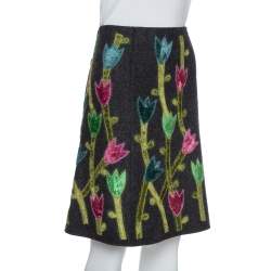 Emporio Armani Grey Wool Floral Appliqued A-Line Skirt M