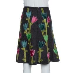 Emporio Armani Grey Wool Floral Appliqued A-Line Skirt M