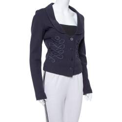 Pre Owned Emporio Armani Navy Blue Cotton Knit Trim Detail Collared Jacket M