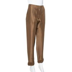 Pre Owned Emporio Armani Metallic Brown Silk Elastic Detail Cropped Pants M