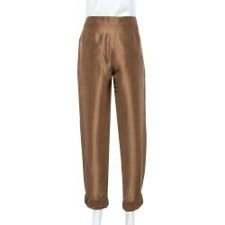 Pre Owned Emporio Armani Metallic Brown Silk Elastic Detail Cropped Pants M
