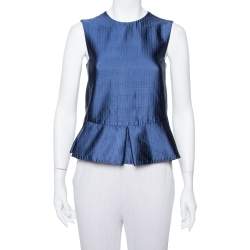 Pre Owned Emporio Armani Navy Blue Textured Sateen Pleated Detail Peplum Top XS