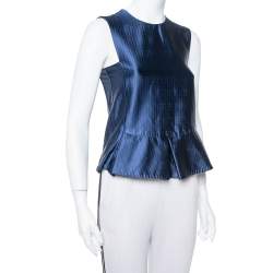 Pre Owned Emporio Armani Navy Blue Textured Sateen Pleated Detail Peplum Top XS