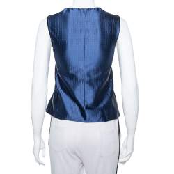 Pre Owned Emporio Armani Navy Blue Textured Sateen Pleated Detail Peplum Top XS