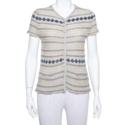 Pre Owned Emporio Armani Beige Lurex Knit Button Front Short Sleeve Top L
