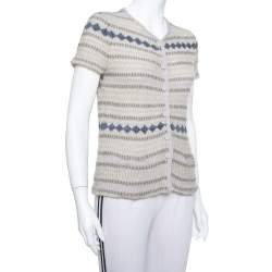 Pre Owned Emporio Armani Beige Lurex Knit Button Front Short Sleeve Top L