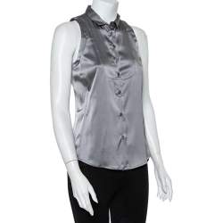 Pre Owned Emporio Armani Grey Silk Satin Button Front Paneled Sleeveless Shirt M