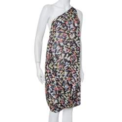 Pre Owned Emporio Armani Multicolor Printed Silk One Shoulder Shift Dress L
