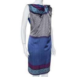 Emporio Armani Blue Printed Silk Draped Neck Detail Shift Dress M