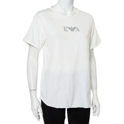 Pre Owned Emporio Armani White Cotton Logo Printed Crewneck T-Shirt L 