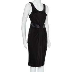 Pre Owned Emporio Armani Black Knit Contrast Trim Draped Detail Sleeveless Midi Dress S