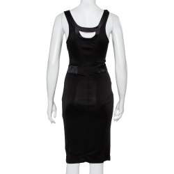Pre Owned Emporio Armani Black Knit Contrast Trim Draped Detail Sleeveless Midi Dress S