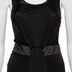 Pre Owned Emporio Armani Black Knit Contrast Trim Draped Detail Sleeveless Midi Dress S