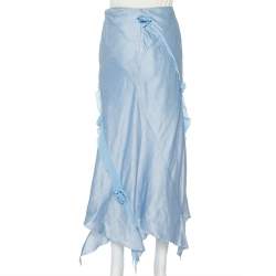 Pre Owned Emporio Armani Blue Linen & Silk Floral Applique Trim Detail Midi Skirt M