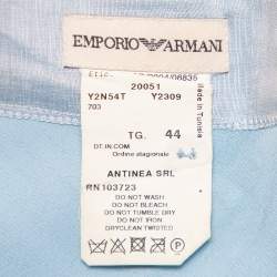 Pre Owned Emporio Armani Blue Linen & Silk Floral Applique Trim Detail Midi Skirt M