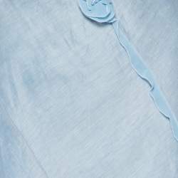 Pre Owned Emporio Armani Blue Linen & Silk Floral Applique Trim Detail Midi Skirt M