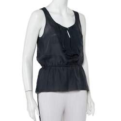 Pre Owned Emporio Armani Dark Green Silk Ruffle Detail Sleeveless Top M
