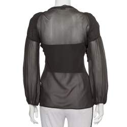 Pre Owned Emporio Armani Charcoal Grey Silk Neck Tie Detail Smocked Top S