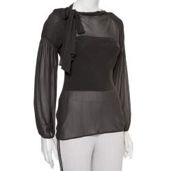 Pre Owned Emporio Armani Charcoal Grey Silk Neck Tie Detail Smocked Top S