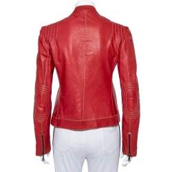 Pre Owned Emporio Armani Red Leather Zip Front Jacket M