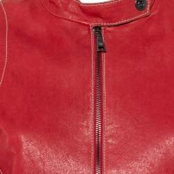 Pre Owned Emporio Armani Red Leather Zip Front Jacket M