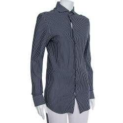 Pre Owned Emporio Armani Navy Blue Striped Cotton Knit Button Front Shirt S
