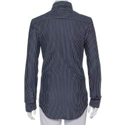 Pre Owned Emporio Armani Navy Blue Striped Cotton Knit Button Front Shirt S
