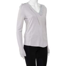 Pre Owned Emporio Armani Grey Knit Draped Detail Long Sleeve Top L