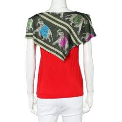 Pre Owned Emporio Armani Red Jersey Playful Elephant Print Silk Paneled Top S
