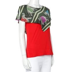 Pre Owned Emporio Armani Red Jersey Playful Elephant Print Silk Paneled Top S