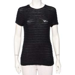 Pre Owned Emporio Armani Navy Blue Twisted Stripe Detail Cotton T-Shirt L