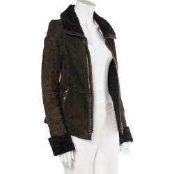 Pre Owned Emporio Armani Brown Fur Collar Detail Zip Front Jacket M