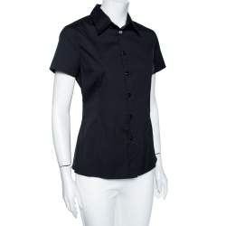 Pre Owned Emporio Armani Black Cotton Short Sleeve Front Button Shirt M 