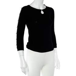Pre Owned Emporio Armani Black Silk Knit Crystal Detail Long Sleeve Top M