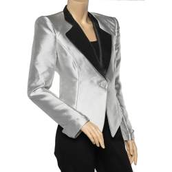 Emporio Armani Metallic Silver Synthetic Contrast Detail Cropped Blazer L