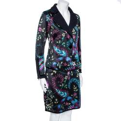 Pre Owned Emporio Armani Black Floral Printed Synthetic Single Buttoned Blazer & Skirt Set S