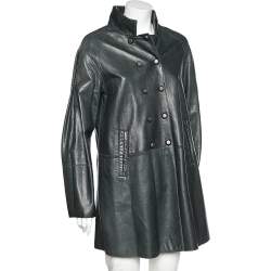 Pre Owned Emporio Armani Dark Green Leather Button Front Mid Length Coat M