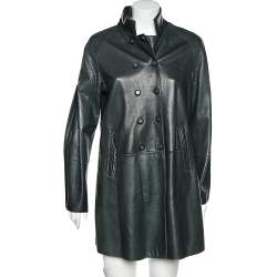Pre Owned Emporio Armani Dark Green Leather Button Front Mid Length Coat M