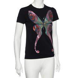 Pre Owned Emporio Armani Black Butterfly Print Cotton Sequins Top M