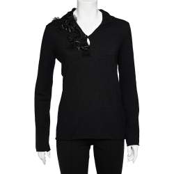 Pre Owned Emporio Armani Black Knit Floral Applique Sweater Top S