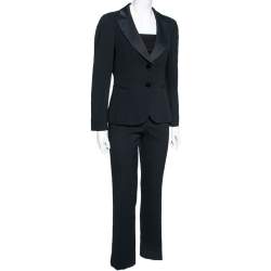Pre Owned Emporio Armani Black Textured Crepe & Satin Trimmed Single Breasted Suit M