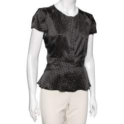 Pre Owned Emporio Armani Black Polka Dot Ruffled Hem Cap Sleeve Blouse L