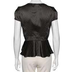 Pre Owned Emporio Armani Black Polka Dot Ruffled Hem Cap Sleeve Blouse L